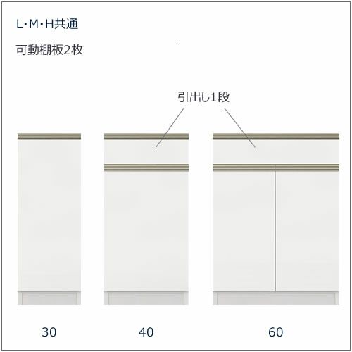 キッチンボードフォースll下台【ミドルタイプ／奥行51cm】W60M-扉【ユニット食器棚/組み合わせ/キッチン収納/片付け/収納上手/高橋木工所】