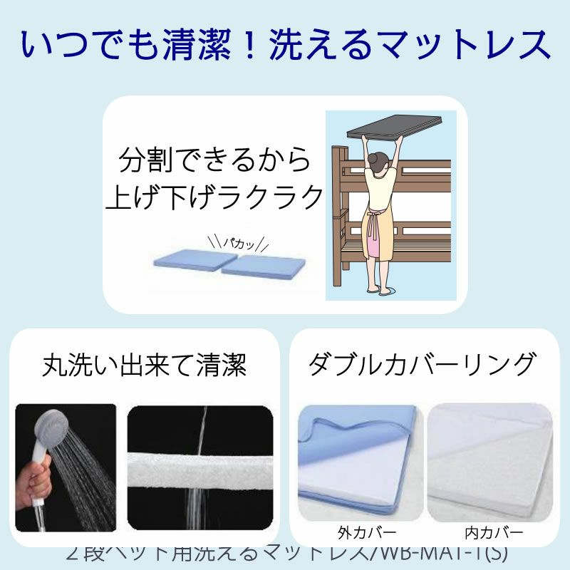 2段ベッド用洗えるマットレス/WB-MAT-1(S)【子供用/２分割/軽量設計/耐久性/体圧分散/ヒカリサンデスク】